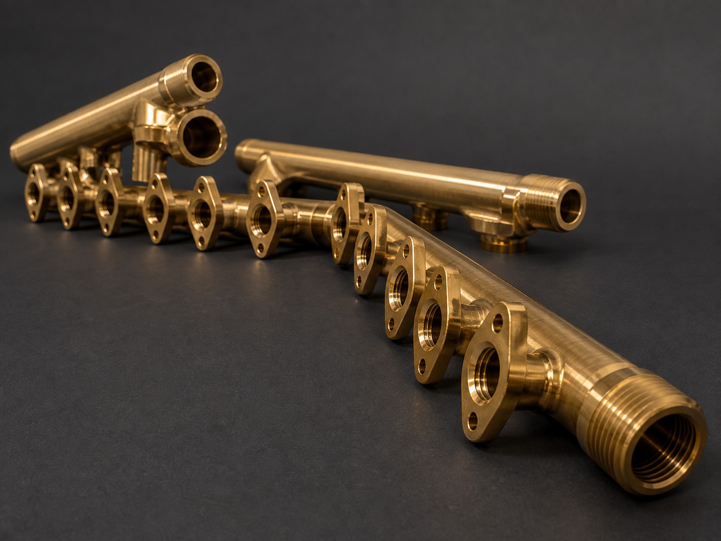 Gruppe gefraester Messing-Fittings mit Gewinden